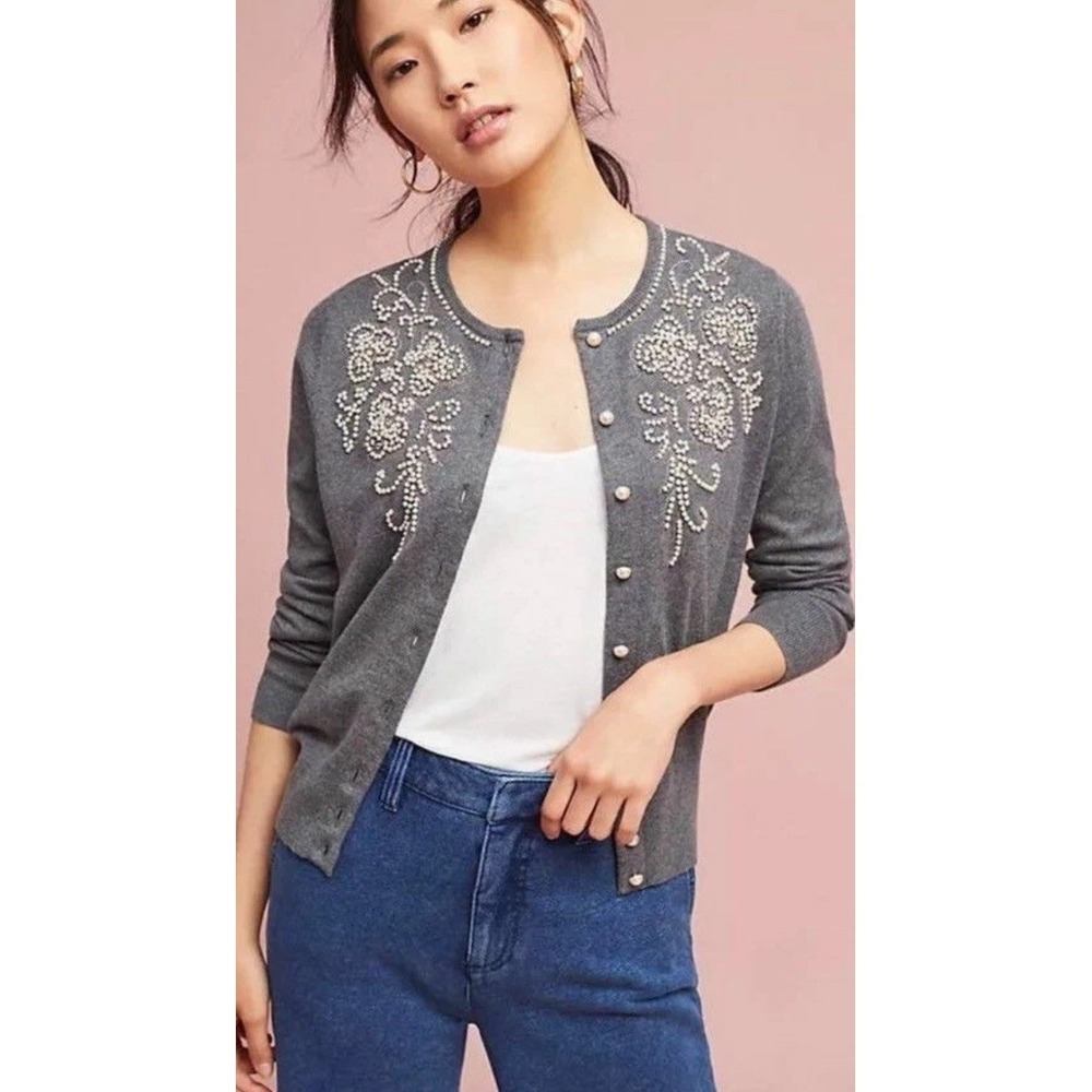 Field & Flower Sz S Gray Vintage Style Beaded Cardigan Sweater Cotton Cashmere